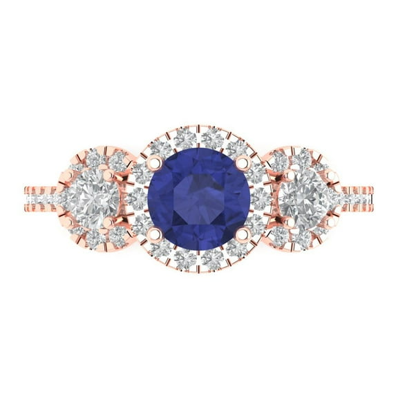 1.46 ct Round Cut Simulated Tanzanite Three-Stone Engagement Ring for Women in 18K Rose Gold