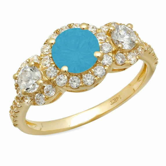 1.46 ct Round Cut Simulated Turquoise 3 Stone 14K Yellow Gold Womens Engagement Ring