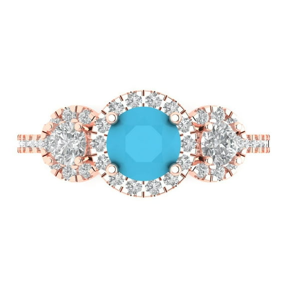 1.46 ct Round Cut Simulated Turquoise Three-Stone Engagement Ring for Women in 18K Rose Gold