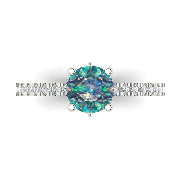 1.465 ctw Solitaire with Zirconia Diamond Accents Anniversary Ring for Women | Round Cut Blue Moissanite | Hyperallergenic Solid 18K White Gold