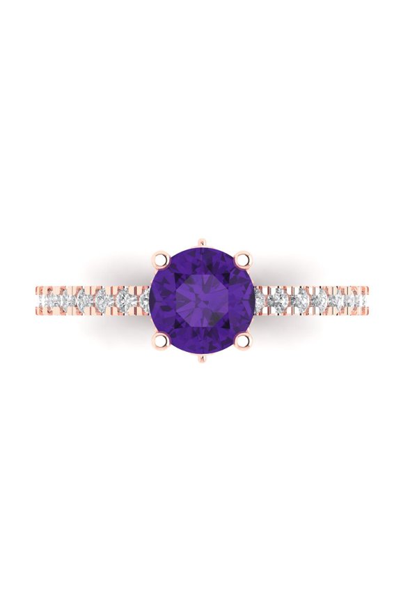 1.465 ct Round Cut Natural Amethyst Solitaire with Simulated Diamond Accents 14K Rose Gold Womens Engagement Ring