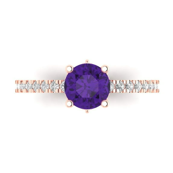 1.465 ct Round Cut Natural Amethyst Solitaire with Simulated Diamond Accents 18K Rose Gold Womens Engagement Ring