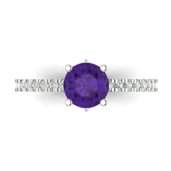 1.465 ct Round Cut Natural Amethyst Solitaire with Simulated Diamond Accents 18K White Gold Womens Engagement Ring