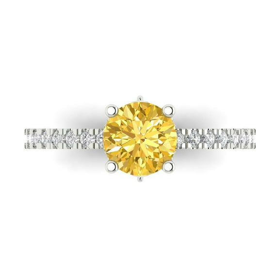 Clara Pucci 14K White Gold Solid Gold Citrine Solitaire with Accents Anniversary Ring for Women - 1.465 cttw Round Cut