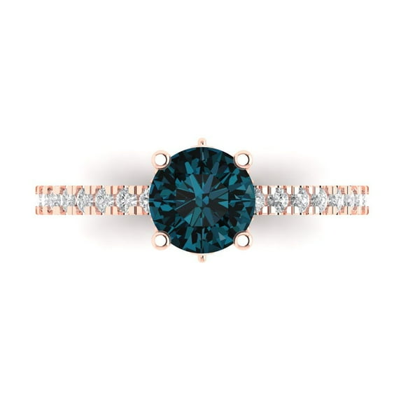 1.465 ct Round Cut Natural London Blue Topaz Solitaire with Simulated Diamond Accents 14K Rose Gold Womens Engagement Ring