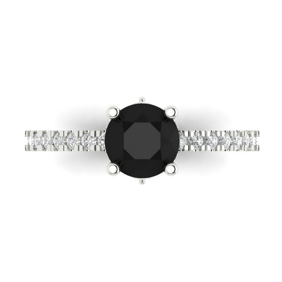 Clara Pucci 14K White Gold Solid Gold Onyx Solitaire with Accents Anniversary Ring for Women - 1.465 cttw Round Cut