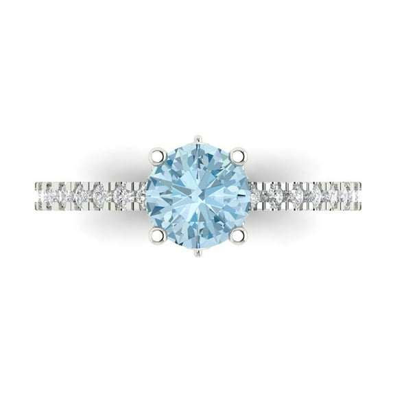 Clara Pucci 14K White Gold Solid Gold Blue Solitaire with Accents Anniversary Ring for Women - 1.465 cttw Round Cut
