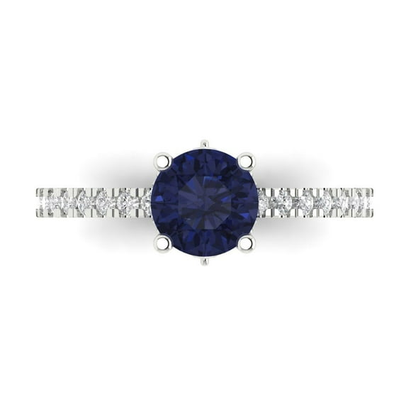 1.465 ct Round Cut Simulated Blue Sapphire Solitaire with Simulated Diamond Accents 18K White Gold Womens Engagement Ring