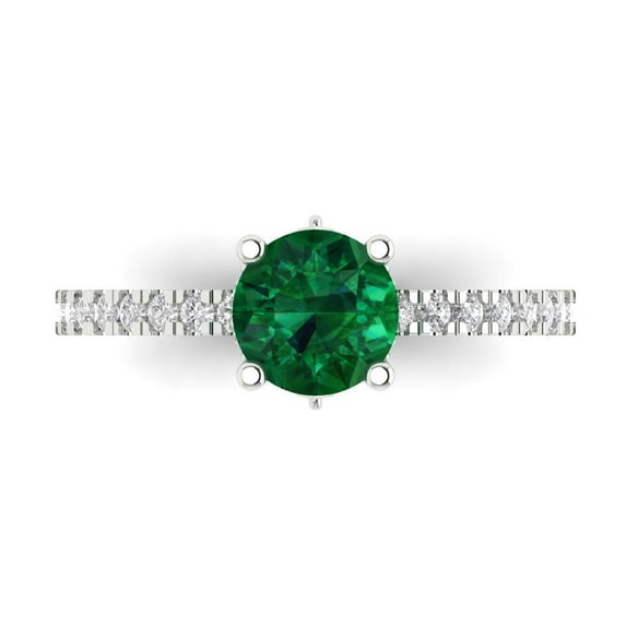 Clara Pucci 14K White Gold Solid Gold Emerald Solitaire with Accents Anniversary Ring for Women - 1.465 cttw Round Cut