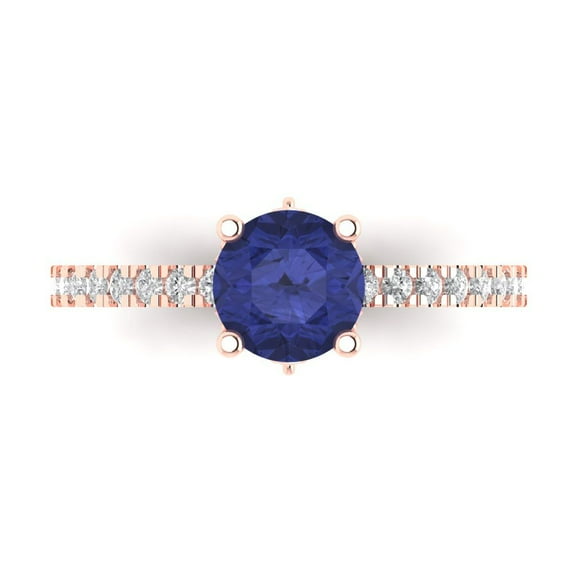 1.465 ctw Solitaire with Zirconia Diamond Accents Anniversary Ring for Women | Round Cut Simulated Tanzanite | Hyperallergenic Solid 14K Rose Gold