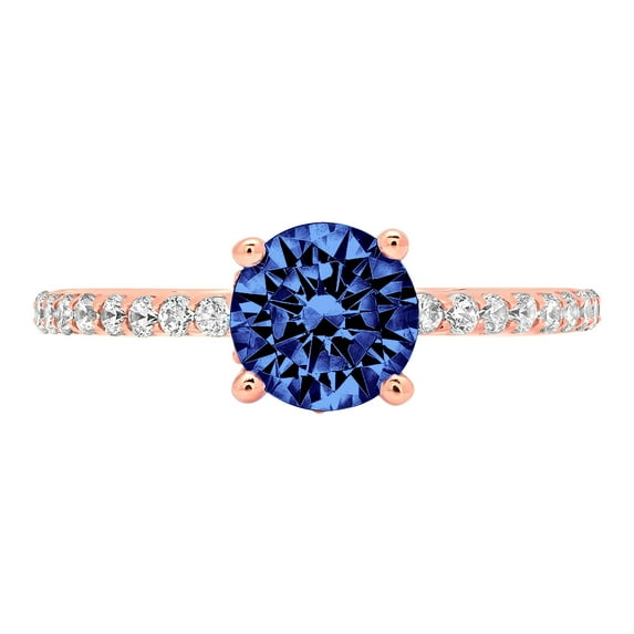 1.465 ct Round Cut Simulated Tanzanite Solitaire with Simulated Diamond Accents 18K Rose Gold Womens Engagement Ring