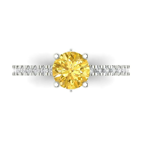 1.465 ct Round Cut Simulated Yellow Diamond Solitaire with Accents Engagement Ring for Women in 14K White Gold
