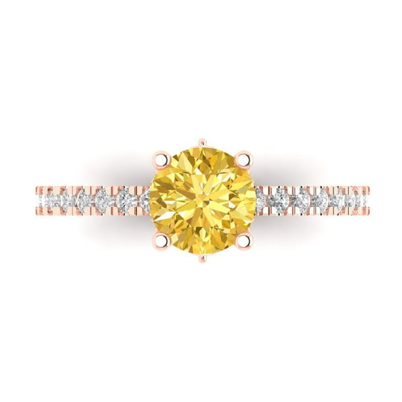 1.465 ct Round Cut Simulated Yellow Diamond Solitaire with Accents Engagement Ring for Women in 18K Rose Gold