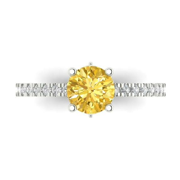 Clara Pucci 14K White Gold Solid Gold Yellow Solitaire with Accents Anniversary Ring for Women - 1.465 cttw Round Cut