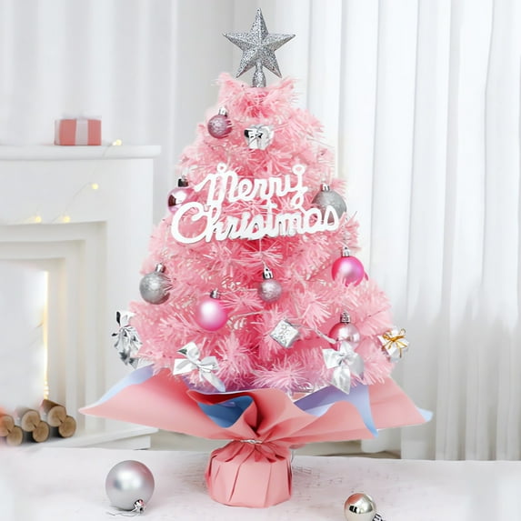 1.47FT Pink Christmas Tree, Small Christmas Tree with 200 Lifelike Branches and 80 LED Lights, 17.7In Artificial Prelit Christmas Tree with 111 Ornaments, Mini Xmas Tree for Holiday Indoor DIY Decor