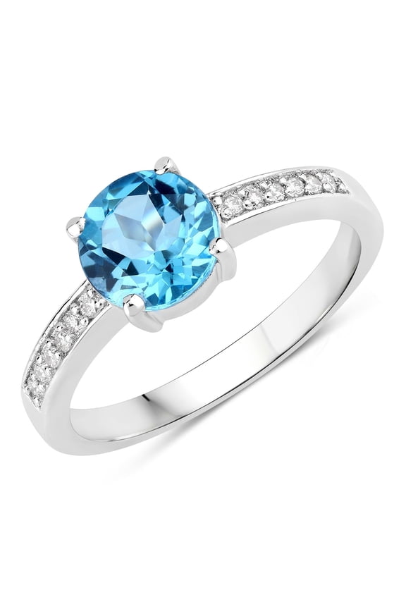 1.48 Ct Round Swiss Blue Topaz & Lab Diamond Prong Silver Pave Bridge Ring