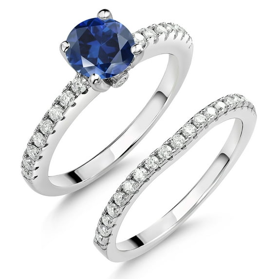 1.49 Cttw 6MM Blue Created Sapphire and White Moissanite Wedding Engagement Band Bridal Set Ring for Women in 925 Sterling Silver | Gemstone Birthstone | Available in Size 5, 6, 7, 8, 9