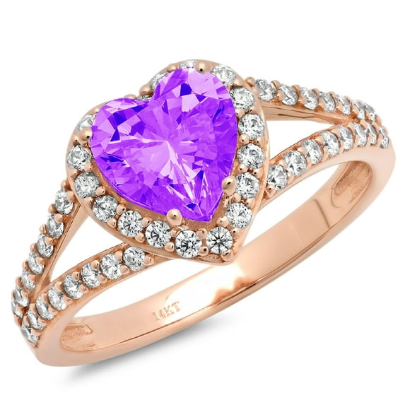 1.49 ct Heart Cut Natural Amethyst with Simulated Diamond Halo Accents 14K Rose Gold Womens Engagement Ring