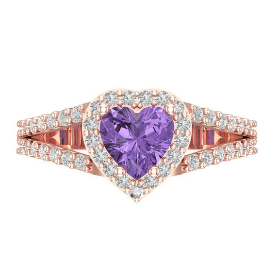 1.49 ctw with Simulated Diamond Halo Accents Anniversary Ring for Women | Heart Cut Simulated Alexandrite | Hyperallergenic Solid 14K Rose Gold