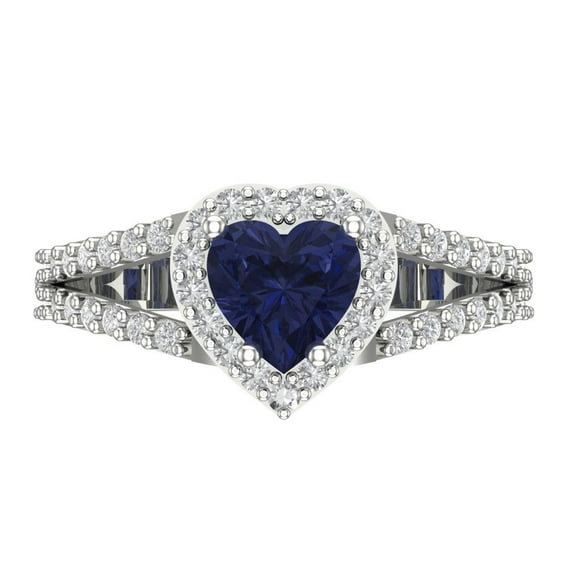 1.49 ct Heart Cut Simulated Blue Sapphire Halo Engagement Ring for Women in 14K White Gold