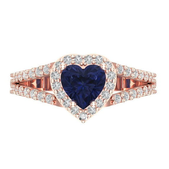 1.49 ct Heart Cut Simulated Blue Sapphire Halo Engagement Ring for Women in 18K Rose Gold