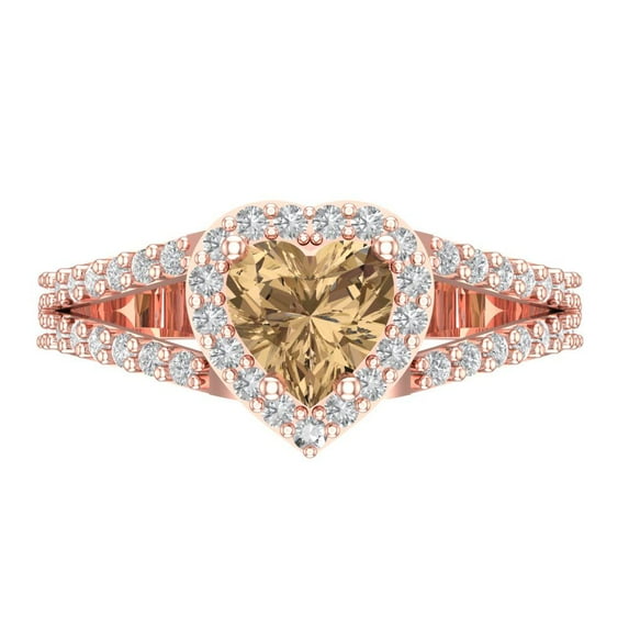 1.49 ct Heart Cut Simulated Champagne Diamond with Simulated Diamond Halo Accents 18K Rose Gold Womens Engagement Ring
