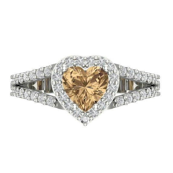 1.49 ct Heart Cut Simulated Champagne Diamond with Simulated Diamond Halo Accents 18K White Gold Womens Engagement Ring