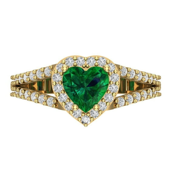 1.49 ct Heart Cut Simulated Emerald with Simulated Diamond Halo Accents 18K Yellow Gold Womens Engagement Ring