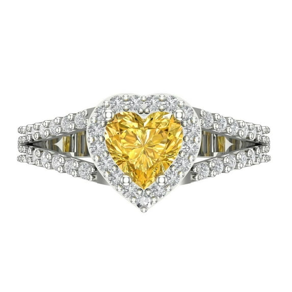 1.49 ctw with Simulated Diamond Halo Accents Anniversary Ring for Women | Heart Cut Simulated Yellow Diamond | Hyperallergenic Solid 14K White Gold