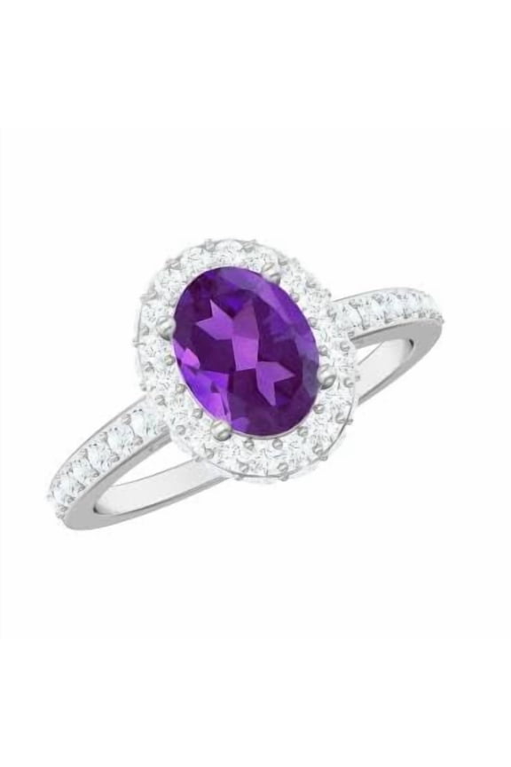 1.49 ct Oval Amethyst Halo Cocktail Ring with CZ | 925 Sterling Silver Promise Ring for Women | Wedding, Engagement Bridal Rings | Mothers Day Gift