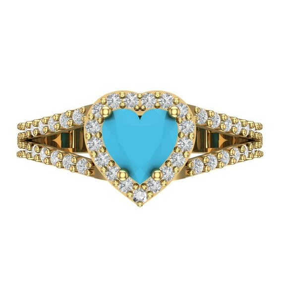 1.49 ct Heart Cut Simulated Turquoise Halo Engagement Ring for Women in 18K Yellow Gold