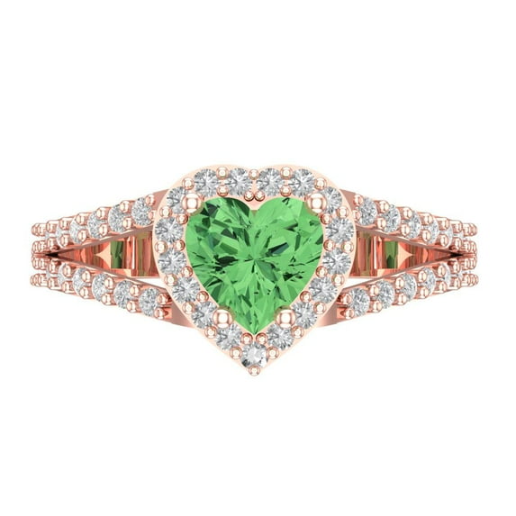 1.49 ct Heart Cut Simulated Green Diamond with Simulated Diamond Halo Accents 18K Rose Gold Womens Engagement Ring