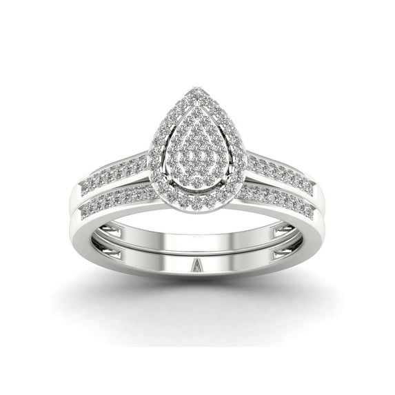 1/4Ct TDW Diamond S925 Sterling Silver Pear Shape Cluster Halo Bridal Set (I-J, I2)