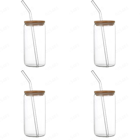 1-4PC Glass Cups with Bamboo Lids and Glass Straw, 16oz Can Shaped Drinking Glasses, High Borosilicate Cola Cup, Reusable Vintage Tumbler for Iced Coffee Tea Gift
