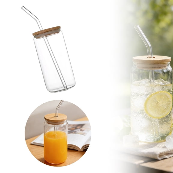 1-4PC Glass Cups with Bamboo Lids and Glass Straw, 16oz Can Shaped Drinking Glasses, High Borosilicate Cola Cup, Reusable Vintage Tumbler for Iced Coffee Tea Gift