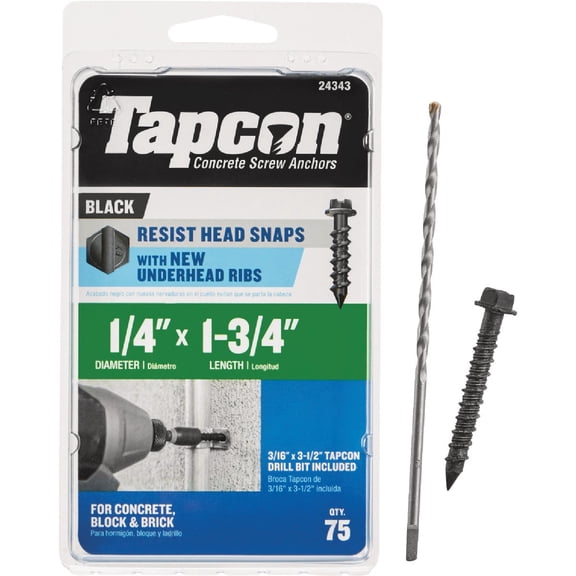 Tapcon 24343 1/4" X 1-3/4" HEX Head Black Screw Anchor 75CT