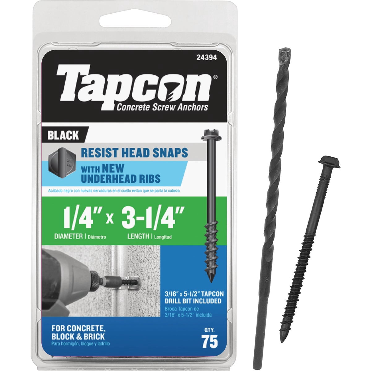 Tapcon 24394 1/4" X 3-1/4" HEX Head Black Screw Anchor 75CT