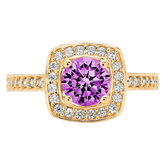 1.335 ct Round Cut Simulated Alexandrite with Simulated Diamond Halo Accents 18K Yellow Gold Womens Engagement Ring