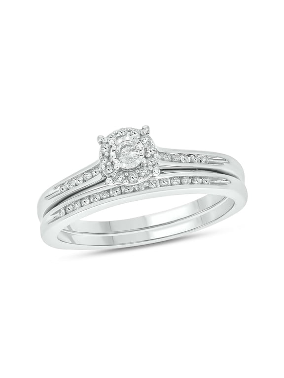 1/4cttw Diamond Halo Round Engagement Ring with Matching Diamond Wedding Band for Women in 925 Sterling Silver, Women's Silver Round Wedding Ring Set with Halo and Diamond Accented Bands