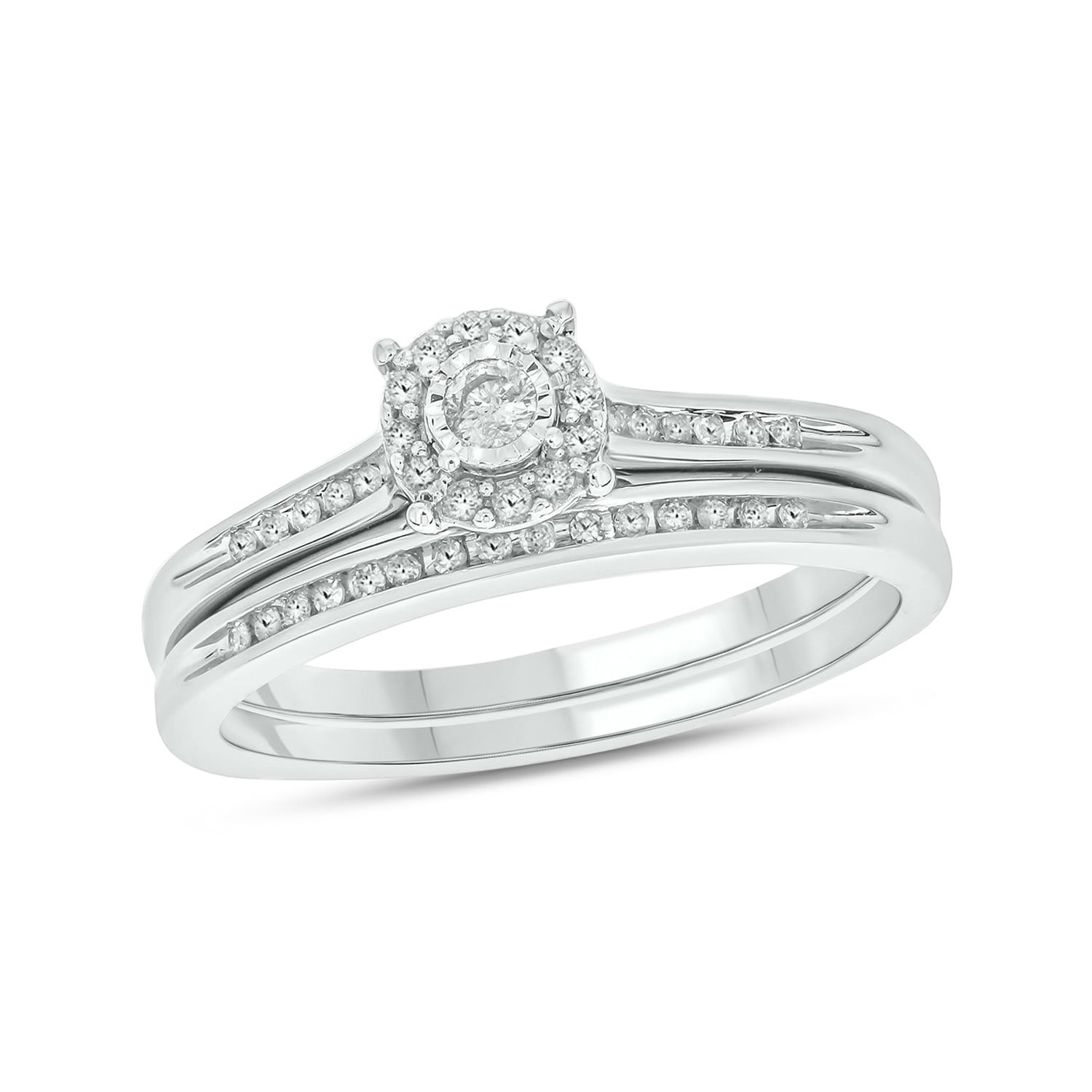 1/4cttw Diamond Halo Round Engagement Ring with Matching Diamond Wedding Band for Women in 925 Sterling Silver, Women's Silver Round Wedding Ring Set with Halo and Diamond Accented Bands