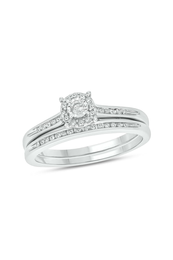 1/4cttw Diamond Halo Round Engagement Ring with Matching Diamond Wedding Band for Women in 925 Sterling Silver, Women's Silver Round Wedding Ring Set with Halo and Diamond Accented Bands