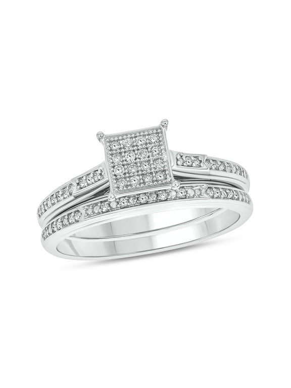 1/4cttw Diamond Square Cluster Engagement Ring with Matching Diamond Wedding Band for Women in 925 Sterling Silver, Women's Silver Square Wedding Ring Set with Diamond Accented Bands