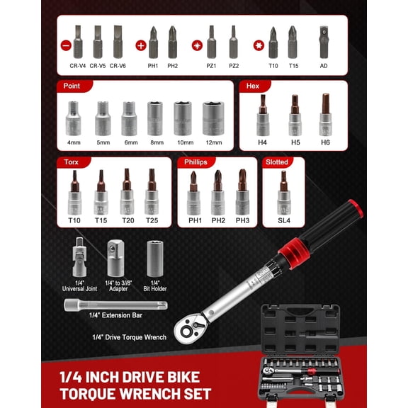 1/4inch Drive Torque Wrench Set 32-Piece, 10-220 in.lb (1-25 Nm) Click Bicycle Torque Wrench with Bit Sockets, 0.1 Nm , 72-Tooth Ratchet, 3/8 Adapter, for MTB, E-Bike, Motorcycle