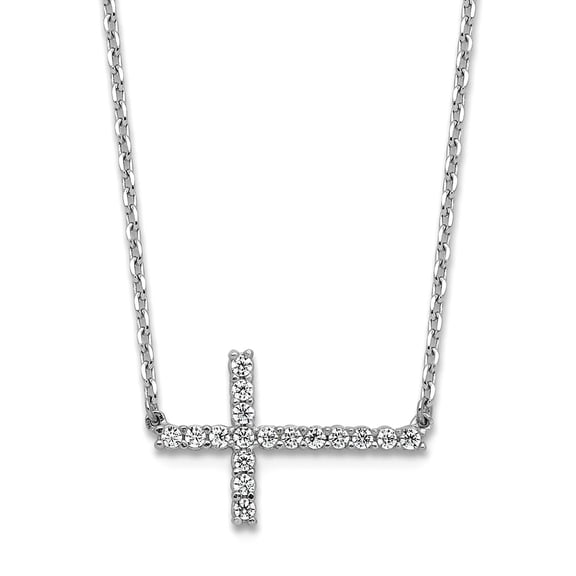 1.4mm 925 Sterling Silver Rhodium Plated CZ 16in. With 2 Inch Extension Sideway Religious Faith Cross Necklace 16 Inch P