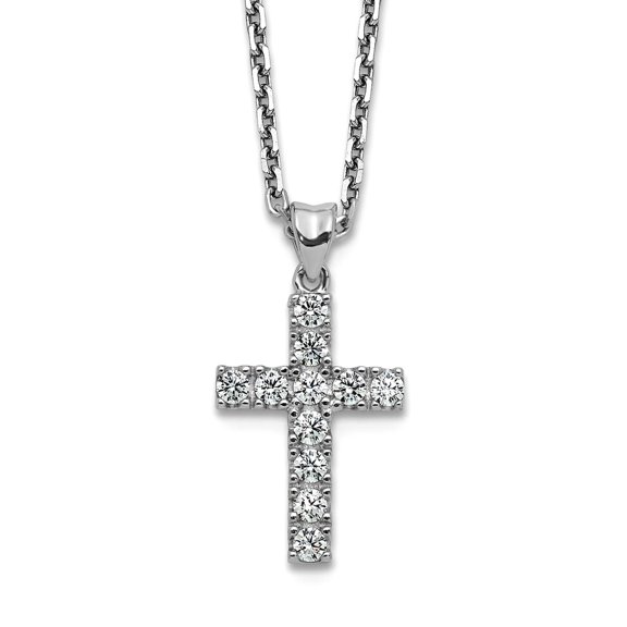 1.4mm 925 Sterling Silver Rhodium Plated Cubic Zirconia With 2in Extension Religious Faith Cross Necklace 16 Inch Pendan