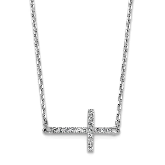 1.4mm 925 Sterling Silver Rhodium Plated CZ With 2in Extension Sideway Religious Faith Cross Necklace 16 Inch Pendant Ne