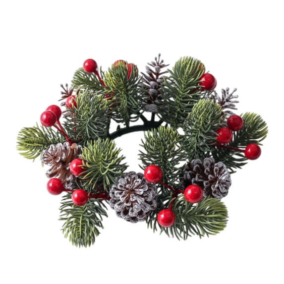 1-4pcs Christmas Candle Rings Wreaths Artificial Berries Pinecones Pine Needles Garland 3 Inch Center Candle Holder Centerpiece for Table Xmas Wedding Home Decor with Red Snowy Accents
