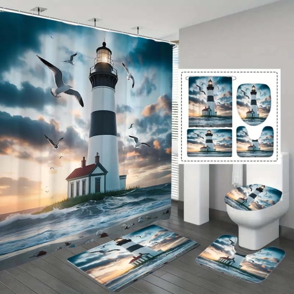 1/4pcs Creative Nautical Elements Lighthouse Bathroom Set - Waterproof Polyester Curtain, Carpet Bathroom Mat, U-Shaped, Free 12 Durable Hooks, High Quality Bathroom Accessories for All Seasons