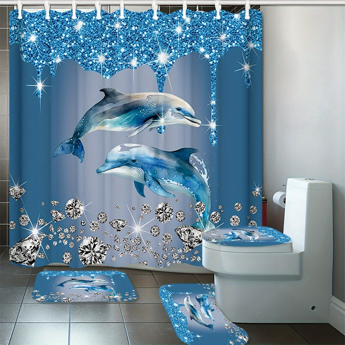 1/4pcs Dolphin Printed Shower Curtain Set, Waterproof Bath Curtain With ...