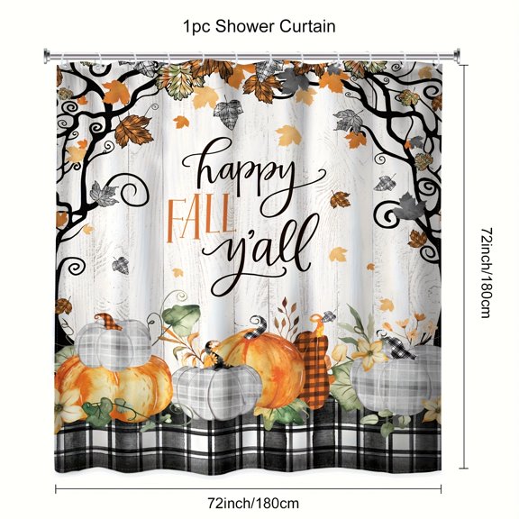 1/4pcs Happy Fall Shower Curtain For Bathroom Decor, Farmhouse Maple Leaf Pumpkin Floral Autumn Black White Plaid Wooden Thanksgiving Rustic Art Printed Shower Curtain, Polyester, 12pcs Plastic Hook